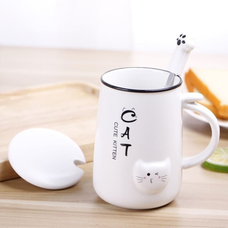 Ceramic Cat Mug with Raised Paw Lid & Spoon | 400 mL Capacity-Ceramic Cat Mug-White-5-Colydia