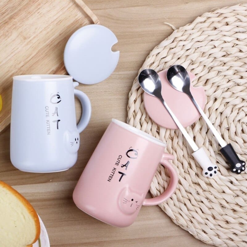 Ceramic Cat Mug with Raised Paw Lid & Spoon | 400 mL Capacity-Ceramic Cat Mug-3-Colydia