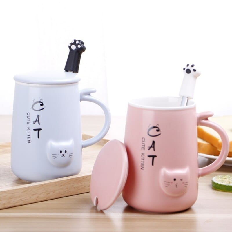 Ceramic Cat Mug with Raised Paw Lid & Spoon | 400 mL Capacity-Ceramic Cat Mug-1-Colydia