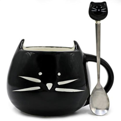 Charming Ceramic Cat Mug with Matching Spoon | Dishwasher Safe-Ceramic Cat Mug Set-Black-7-Colydia