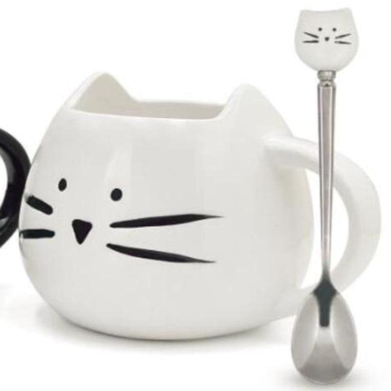 Charming Ceramic Cat Mug with Matching Spoon | Dishwasher Safe-Ceramic Cat Mug Set-White-8-Colydia