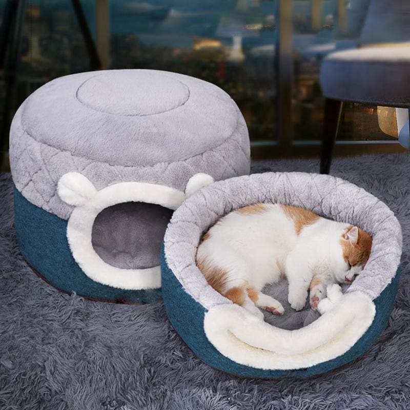 Cozy Privacy Cat Bed with Non-Slip Base - Blue & Gray Nook-Cat Bed-1-Colydia