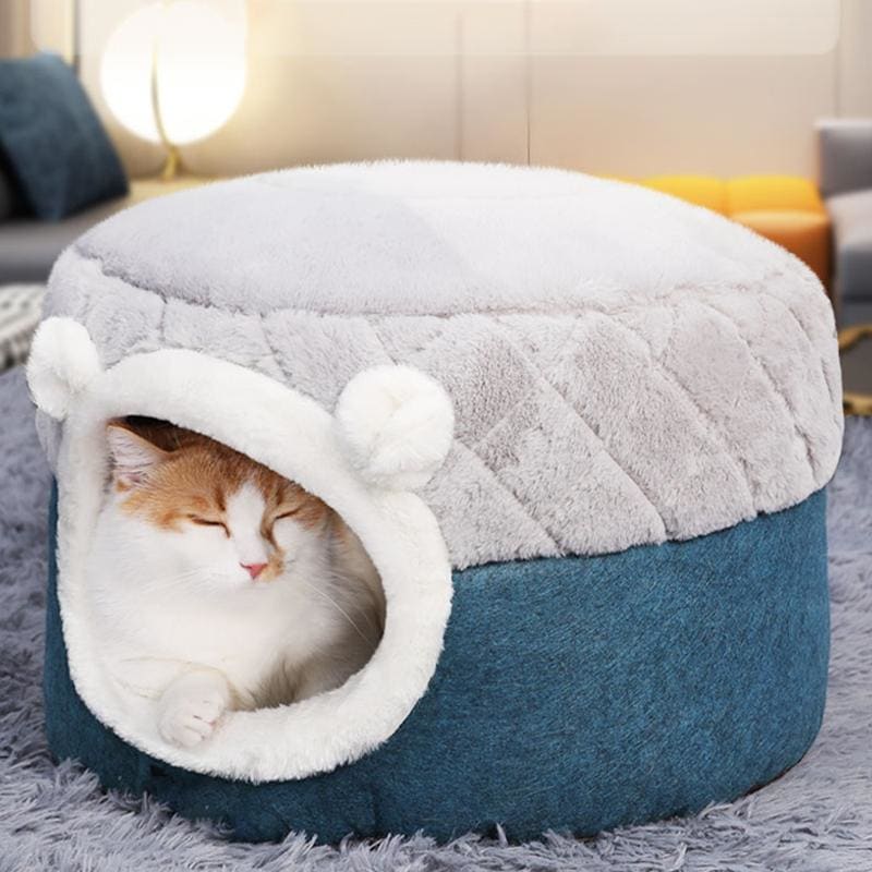 Cozy Privacy Cat Bed with Non-Slip Base - Blue & Gray Nook-Cat Bed-2-Colydia