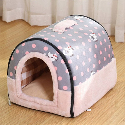 Cozy Cat House Bed with Convertible Design & Easy Clean Zip Closure-Cat House Bed-Pink / Gray-L (60x45x45cm)-6-Colydia