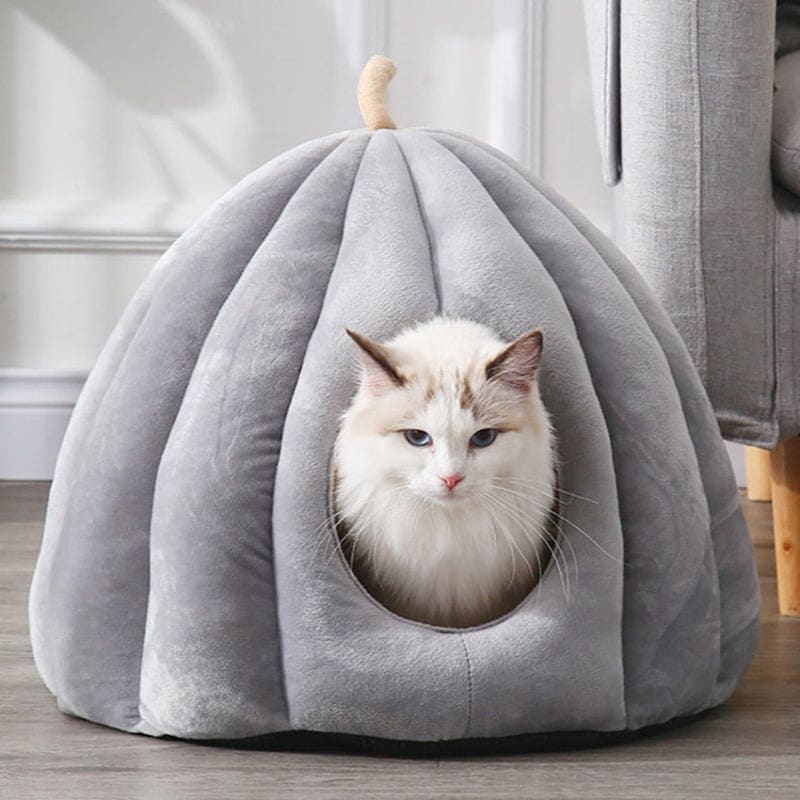 Pumpkin-Shaped Cat Bed Niche for Halloween Decor - Cozy & Stylish-Cat Bed-Gray-M (40x40x35cm)-7-Colydia