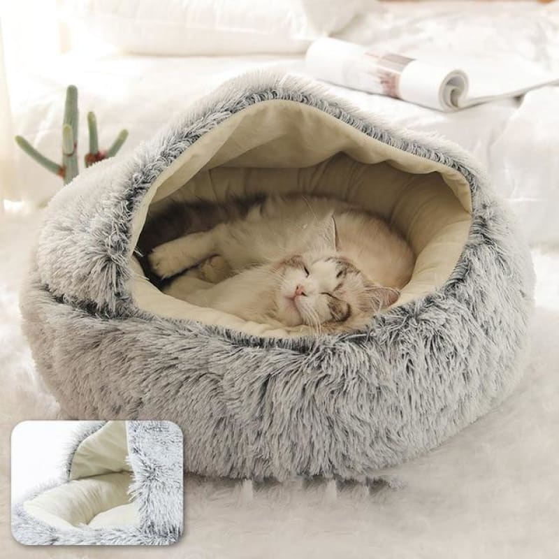 Cozy Covered Cat Bed with Foam Base & Velvet Exterior for Safety-Covered Cat Bed-Gray-M (40cm/5kg)-4-Colydia