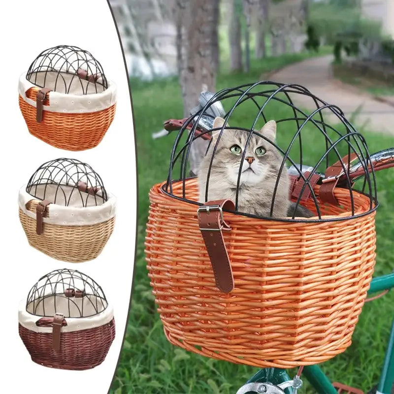 Wicker Bicycle Basket for Cats with Safety Grid and Easy Attachment-Cat Bicycle Basket-1-Colydia