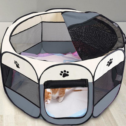 Portable Cat Playpen with Mesh Panels for Kittens and Travel Use-Cat Playpen-Gray-75x75x45CM-1-Colydia