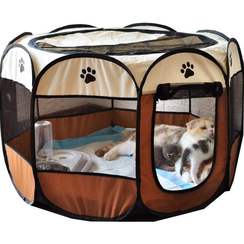 Portable Cat Playpen with Mesh Panels for Kittens and Travel Use-Cat Playpen-Brown-75x75x45CM-2-Colydia