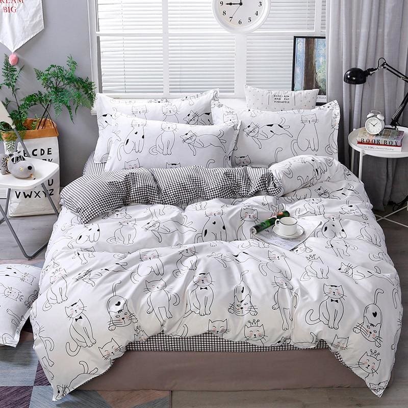 Cat Pattern Bed Set with Duvet Cover and Pillowcases, Polyester-Bedding Set-150X200 (single)-1-Colydia