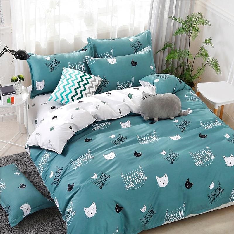 Reversible Cat Pattern Bedding Set with Hidden Zipper - Various Sizes-Bedding Set-Blue-150X200 (single)-7-Colydia