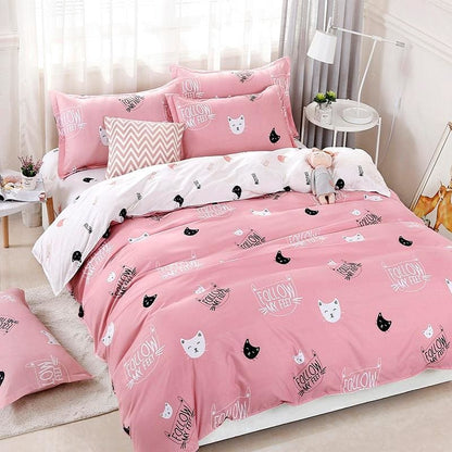 Reversible Cat Pattern Bedding Set with Hidden Zipper - Various Sizes-Bedding Set-Pink-150X200 (single)-6-Colydia