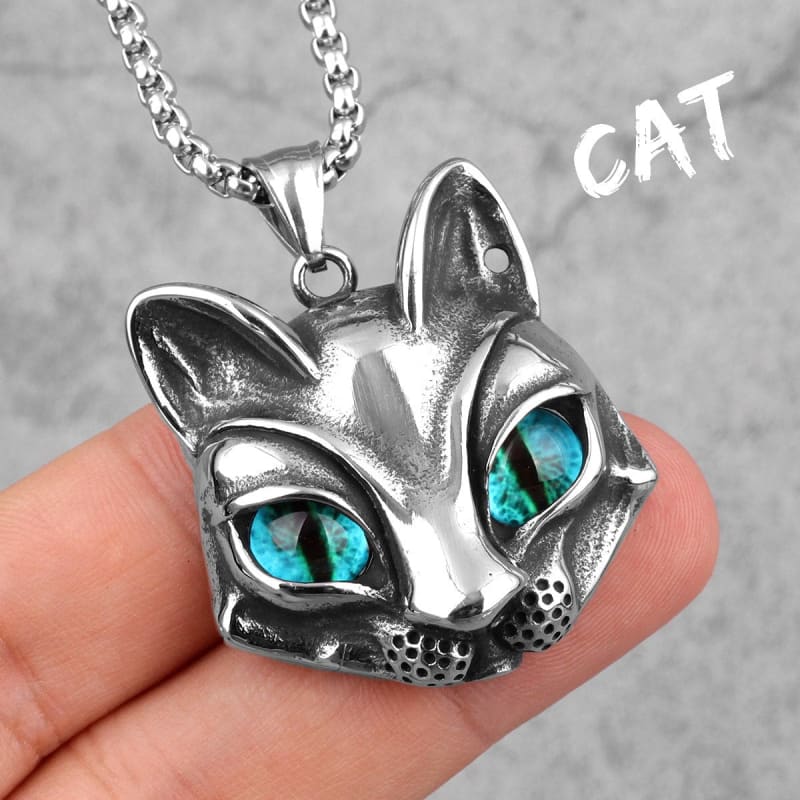 Clear-Eyed Cat Pendant with Stainless Steel Chain - Punk Rock Style-Cat Pendant Necklace-Blue-eyed Cat-5-Colydia