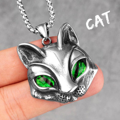 Clear-Eyed Cat Pendant with Stainless Steel Chain - Punk Rock Style-Cat Pendant Necklace-Green-eyed Cat-7-Colydia