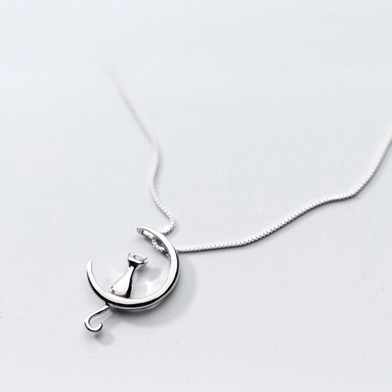 Elegant 925 Silver Cat Moon Pendant Necklace for Women, 45cm Chain-Jewelry Necklace-45cm-4-Colydia