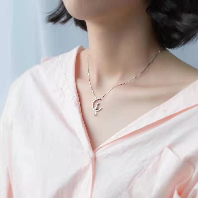 Elegant 925 Silver Cat Moon Pendant Necklace for Women, 45cm Chain-Jewelry Necklace-45cm-3-Colydia