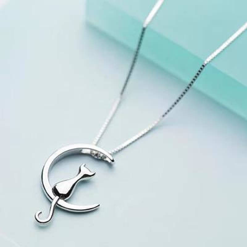 Elegant 925 Silver Cat Moon Pendant Necklace for Women, 45cm Chain-Jewelry Necklace-45cm-2-Colydia