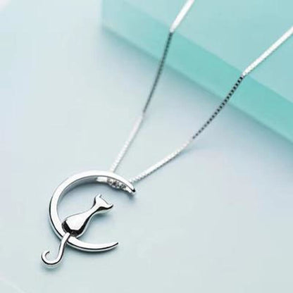 Elegant 925 Silver Cat Moon Pendant Necklace for Women, 45cm Chain-Jewelry Necklace-45cm-2-Colydia