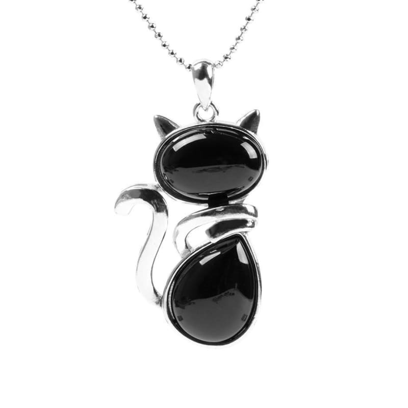 Elegant Cat Pendant Necklace with Natural Stones Design-Cat Pendant Necklace-Black Agate-5-Colydia