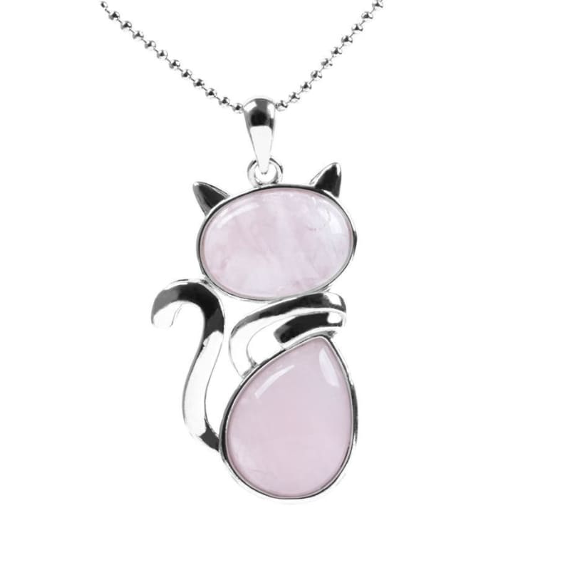 Elegant Cat Pendant Necklace with Natural Stones Design-Cat Pendant Necklace-Rose Quartz-8-Colydia