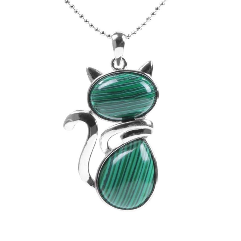 Elegant Cat Pendant Necklace with Natural Stones Design-Cat Pendant Necklace-Malachite-2-Colydia