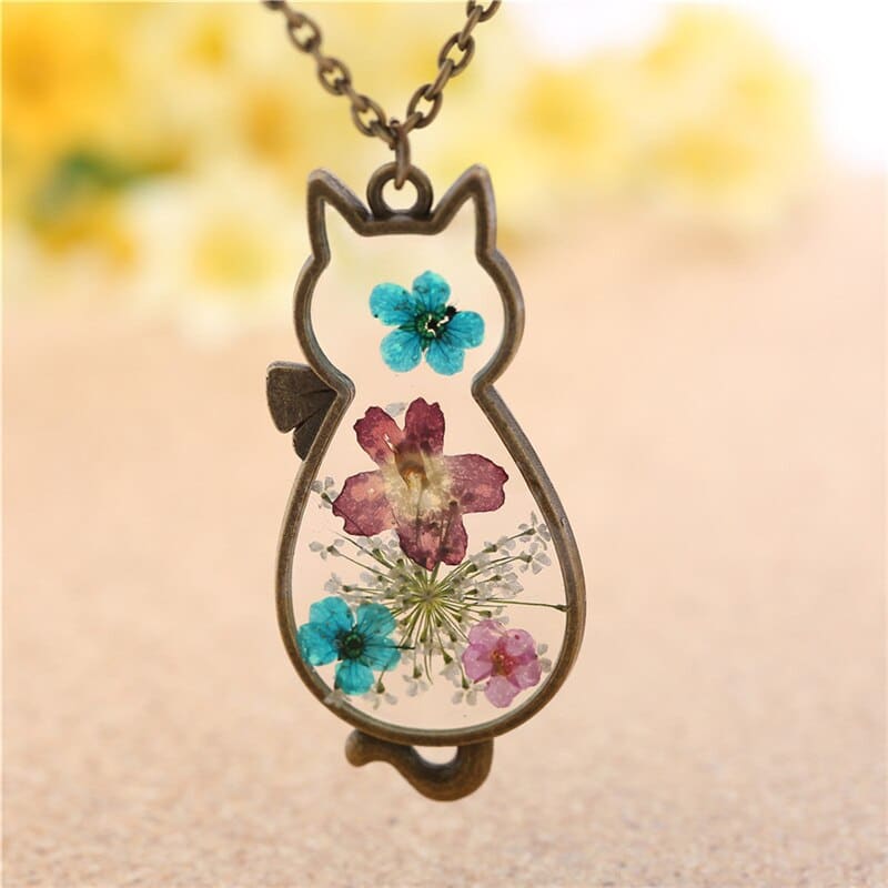 Charming Cat Silhouette Glass Pendant with Floral Details-Cat Silhouette Glass Pendant-6-Colydia