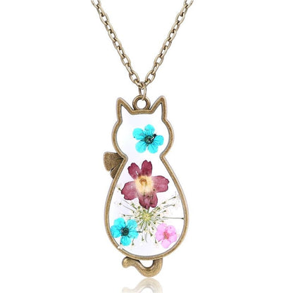 Charming Cat Silhouette Glass Pendant with Floral Details-Cat Silhouette Glass Pendant-1-Colydia