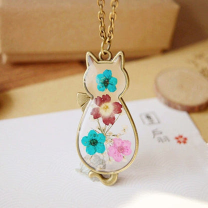 Charming Cat Silhouette Glass Pendant with Floral Details-Cat Silhouette Glass Pendant-10-Colydia