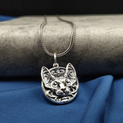 Antique Silver Sphynx Cat Pendant - Unique Hairless Feline Jewelry-Jewelry Pendant-6-Colydia