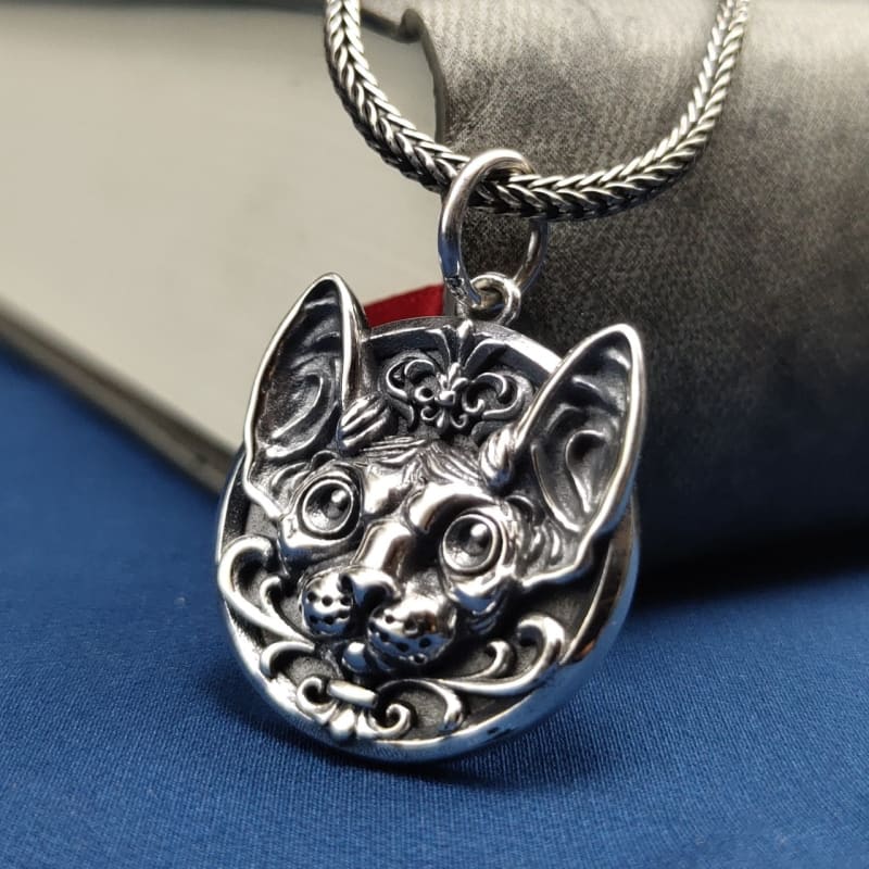 Antique Silver Sphynx Cat Pendant - Unique Hairless Feline Jewelry-Jewelry Pendant-4-Colydia