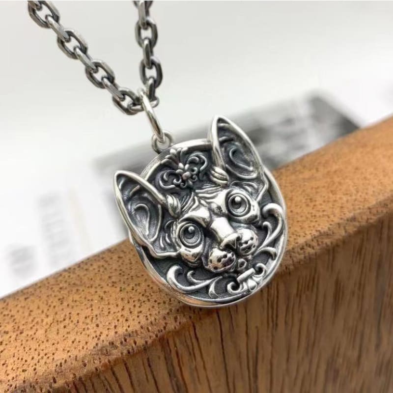 Antique Silver Sphynx Cat Pendant - Unique Hairless Feline Jewelry-Jewelry Pendant-3-Colydia