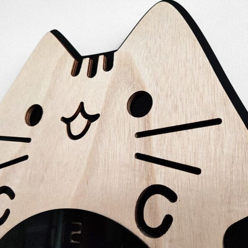 Adorable Cat Quartz Clock in Bamboo & Tung Wood, Silent Movement-Cat-Shaped Wall Clock-3-Colydia