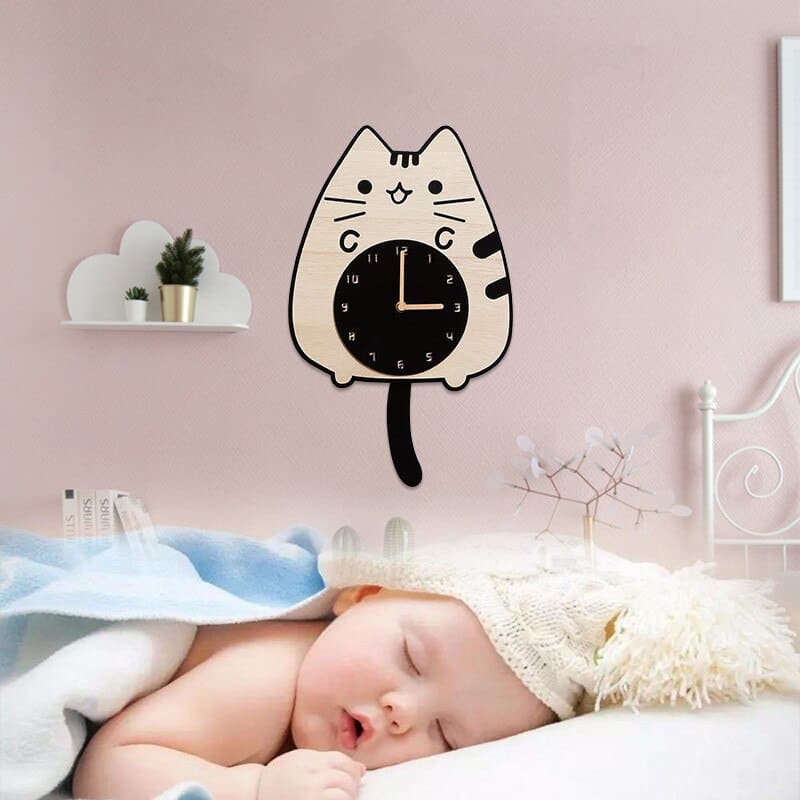 Adorable Cat Quartz Clock in Bamboo & Tung Wood, Silent Movement-Cat-Shaped Wall Clock-2-Colydia