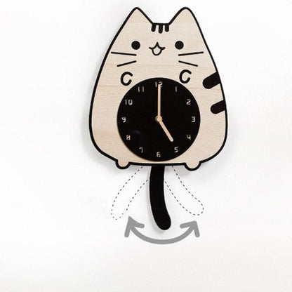 Adorable Cat Quartz Clock in Bamboo & Tung Wood, Silent Movement-Cat-Shaped Wall Clock-5-Colydia