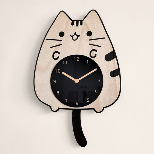 Adorable Cat Quartz Clock in Bamboo & Tung Wood, Silent Movement-Cat-Shaped Wall Clock-1-Colydia