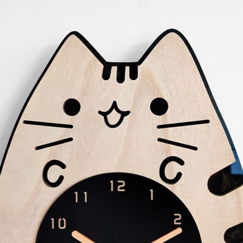 Adorable Cat Quartz Clock in Bamboo & Tung Wood, Silent Movement-Cat-Shaped Wall Clock-4-Colydia