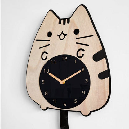 Adorable Cat Quartz Clock in Bamboo & Tung Wood, Silent Movement-Cat-Shaped Wall Clock-6-Colydia