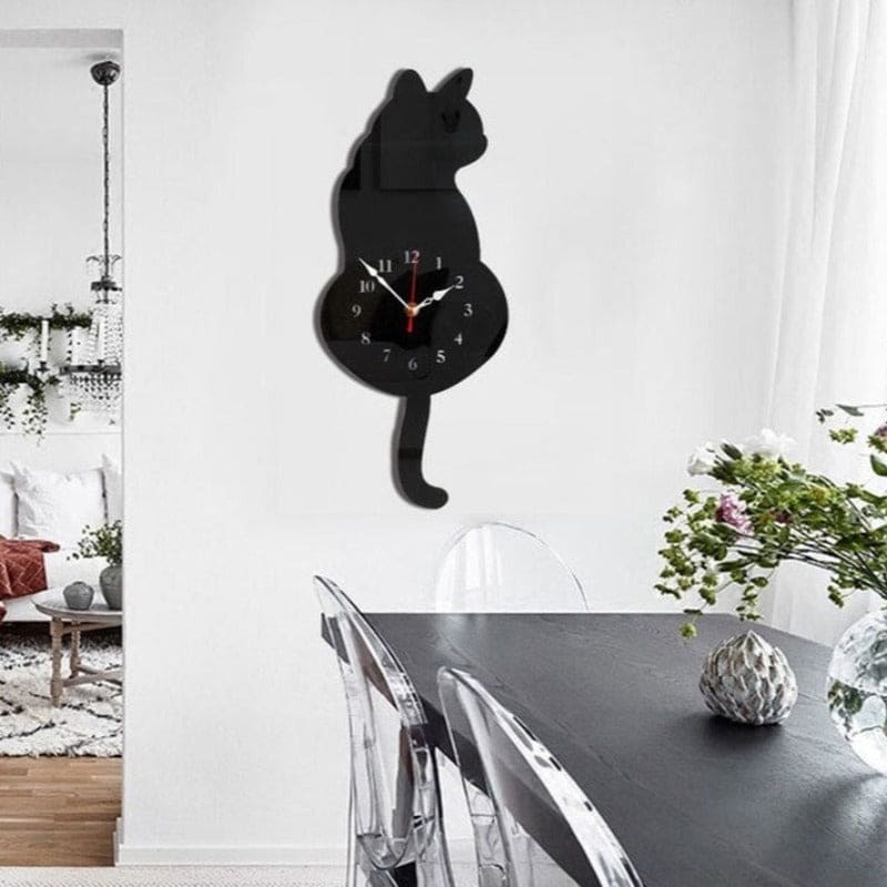 Stunning Acrylic Black Cat Clock with Quartz Movement and Pendulum Tail-Wall Clock-4-Colydia