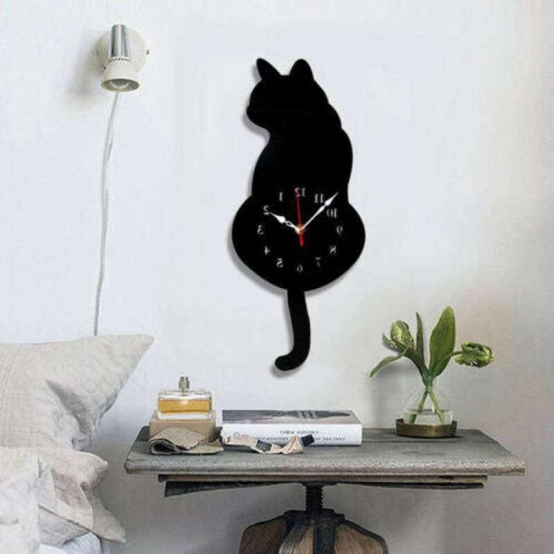 Stunning Acrylic Black Cat Clock with Quartz Movement and Pendulum Tail-Wall Clock-2-Colydia