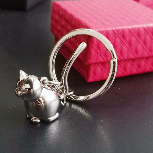 Zen-Inspired Silver Cat Keychain, Sparkling Metal Design, 3.5cm-Keychain-Silver Cat-1-Colydia