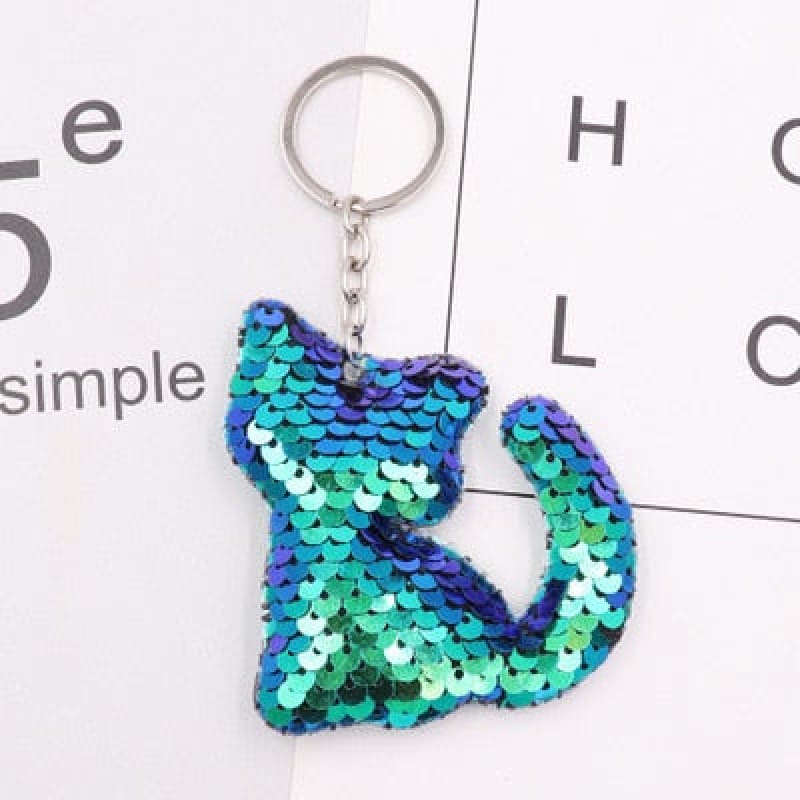 Reversible Sequin Cat Keychain - Colorful Accessory for Cat Lovers-Keychain-Turquoise Blue-2-Colydia