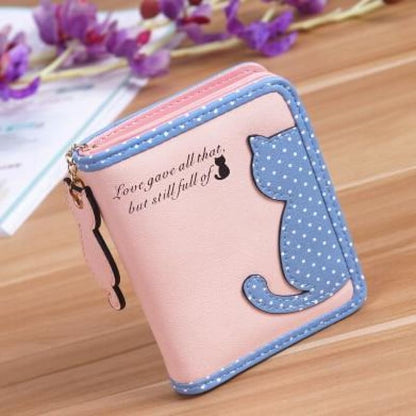 Stylish Pink Cat Wallet with Zip Closure & Coin Pocket-Wallet-Pink / Blue-8-Colydia