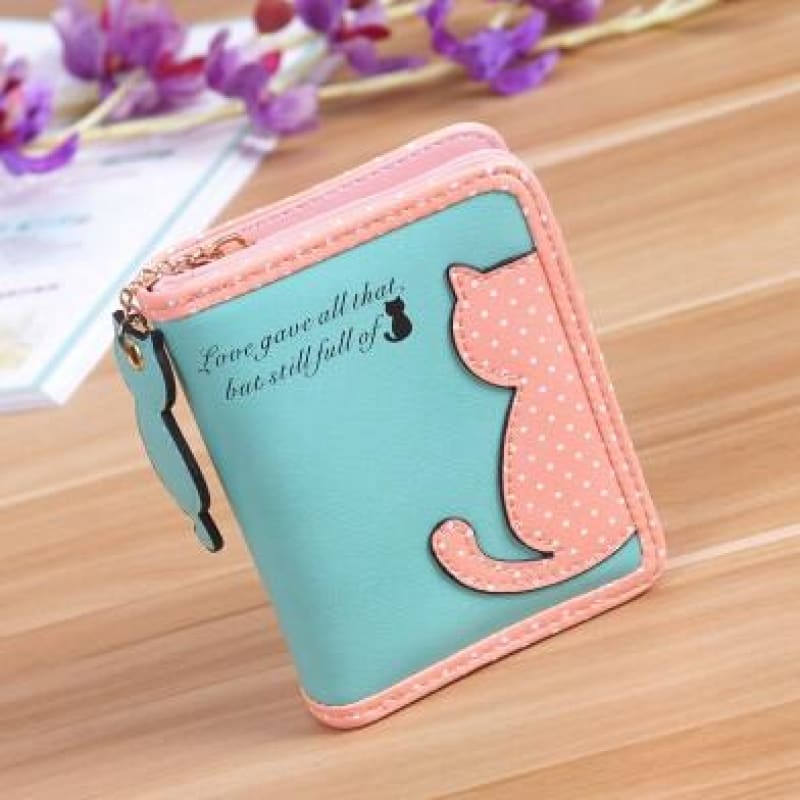 Stylish Pink Cat Wallet with Zip Closure & Coin Pocket-Wallet-Green / Pink-7-Colydia