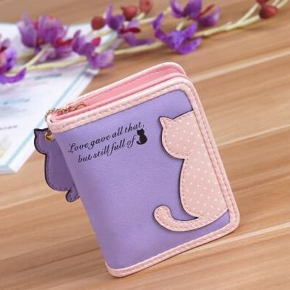 Stylish Pink Cat Wallet with Zip Closure & Coin Pocket-Wallet-Purple / Pink-4-Colydia