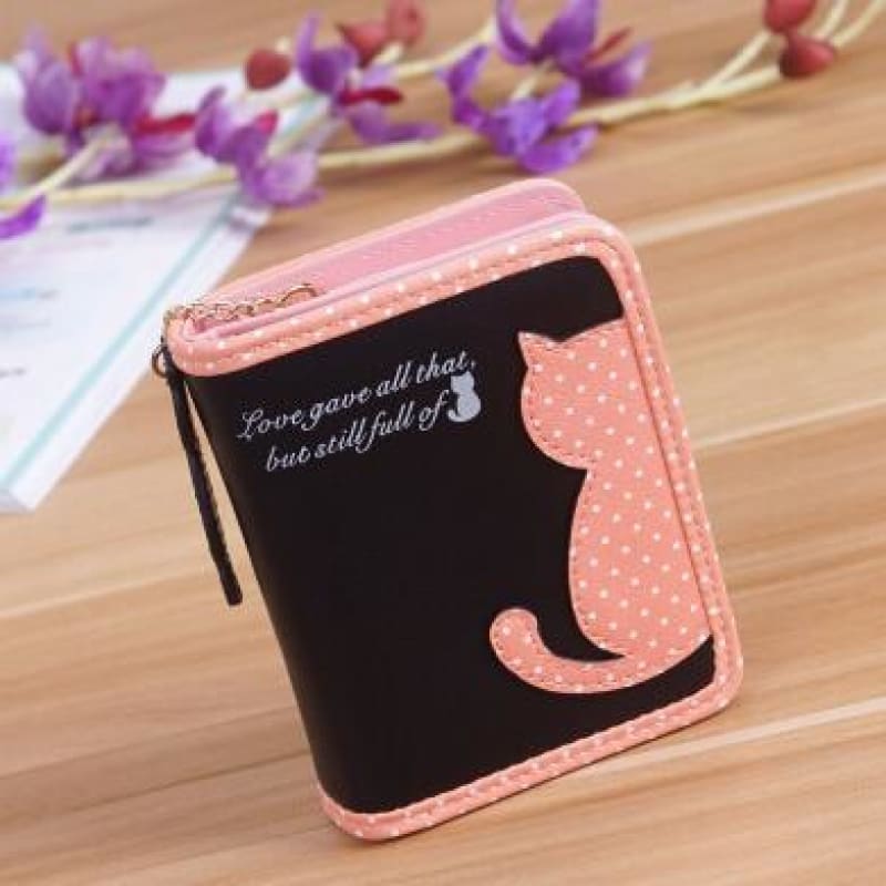 Stylish Pink Cat Wallet with Zip Closure & Coin Pocket-Wallet-Black / Pink-5-Colydia