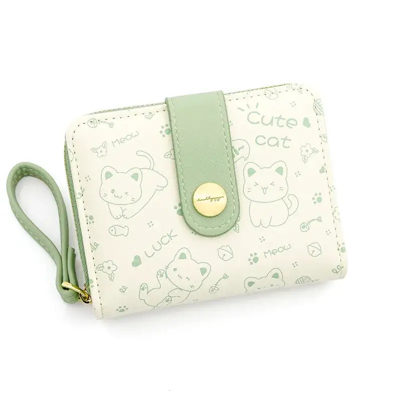 Kawaii Cat Girl's Wallet with Multiple Compartments & Waterproof Design-Pet Blanket-Green-6-Colydia