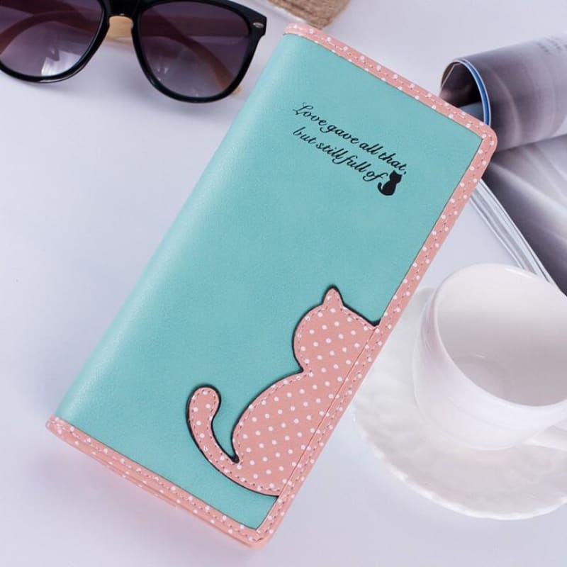 Women's Cute Cat Wallet - Synthetic Leather, Large Capacity-Wallet-Green / Pink-1-Colydia