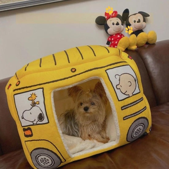 Charming Cotton School Bus Pet Bed with Removable Mat, Multiple Sizes-Pet Bed-4-Colydia