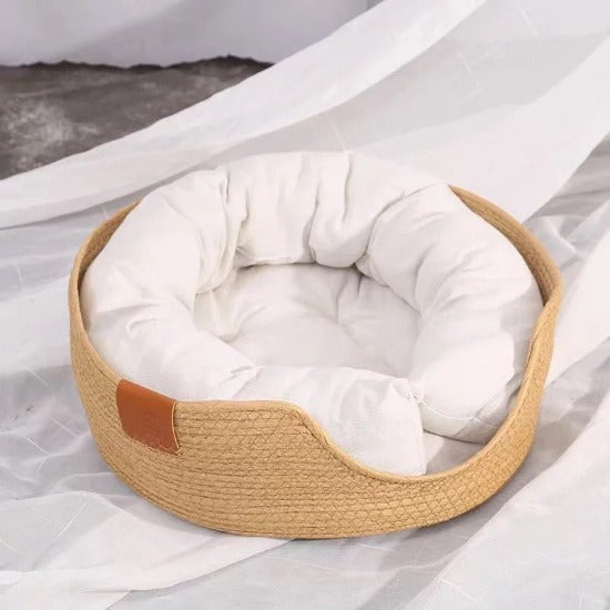 Natural Handwoven Pet Bed with Washable Cushion for All Seasons-Pet Bed-White Side Pillow-S-5-Colydia