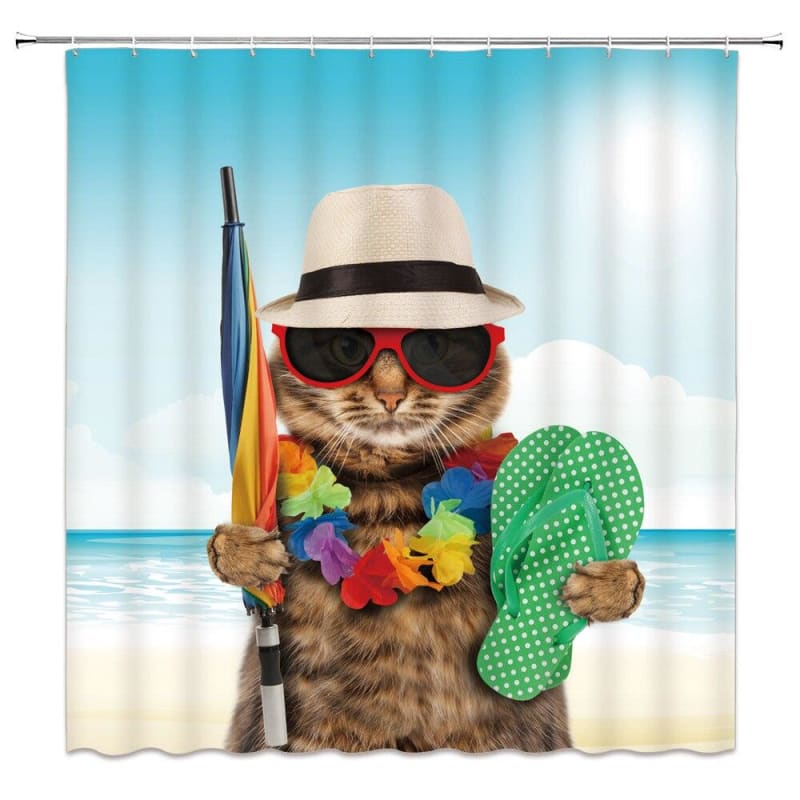 Waterproof Cat Design Shower Curtain with Hooks & HD Print-Shower Curtain-Cat Vacation-90x180cm-2-Colydia